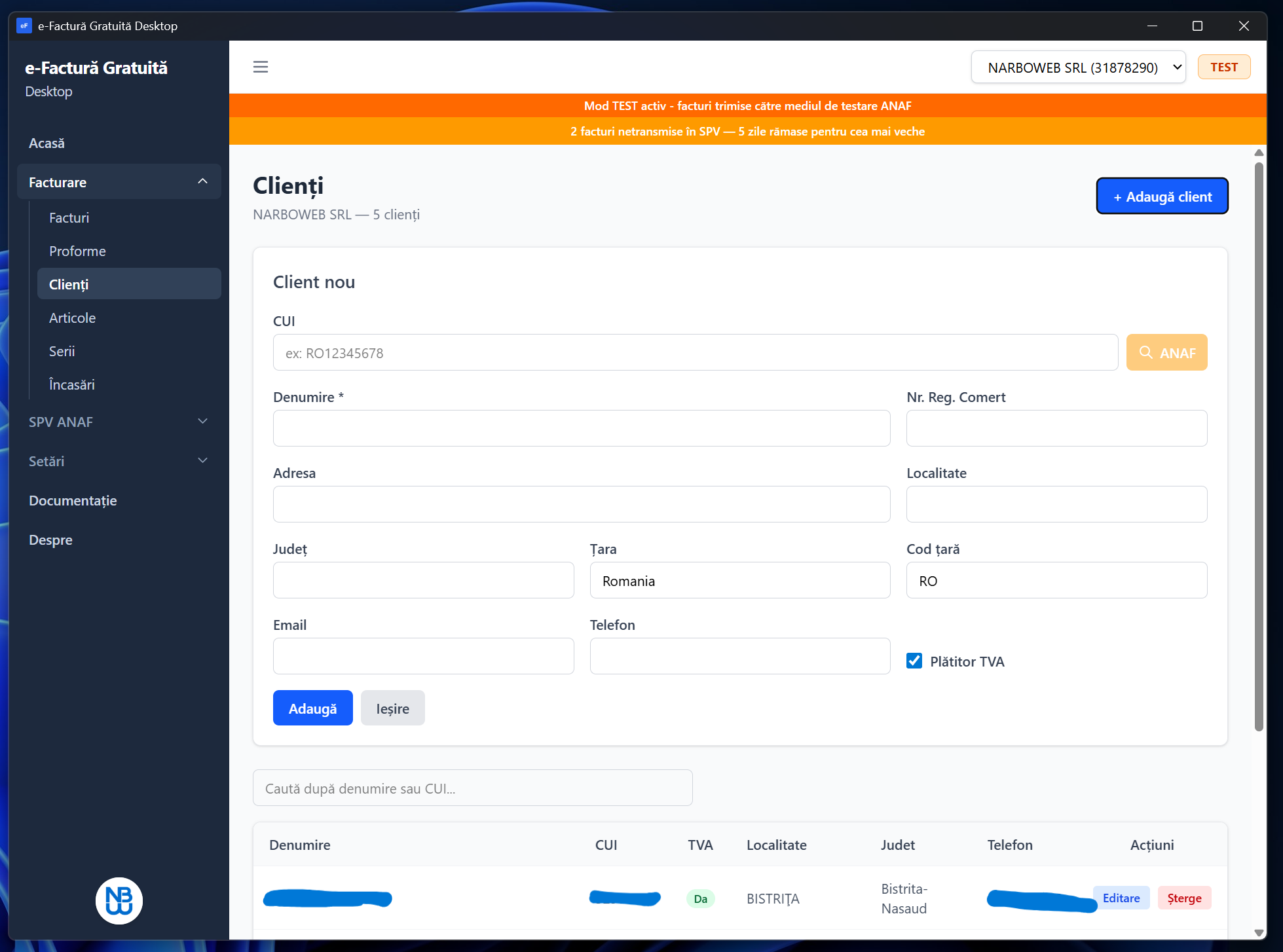 Adăugare client cu date ANAF