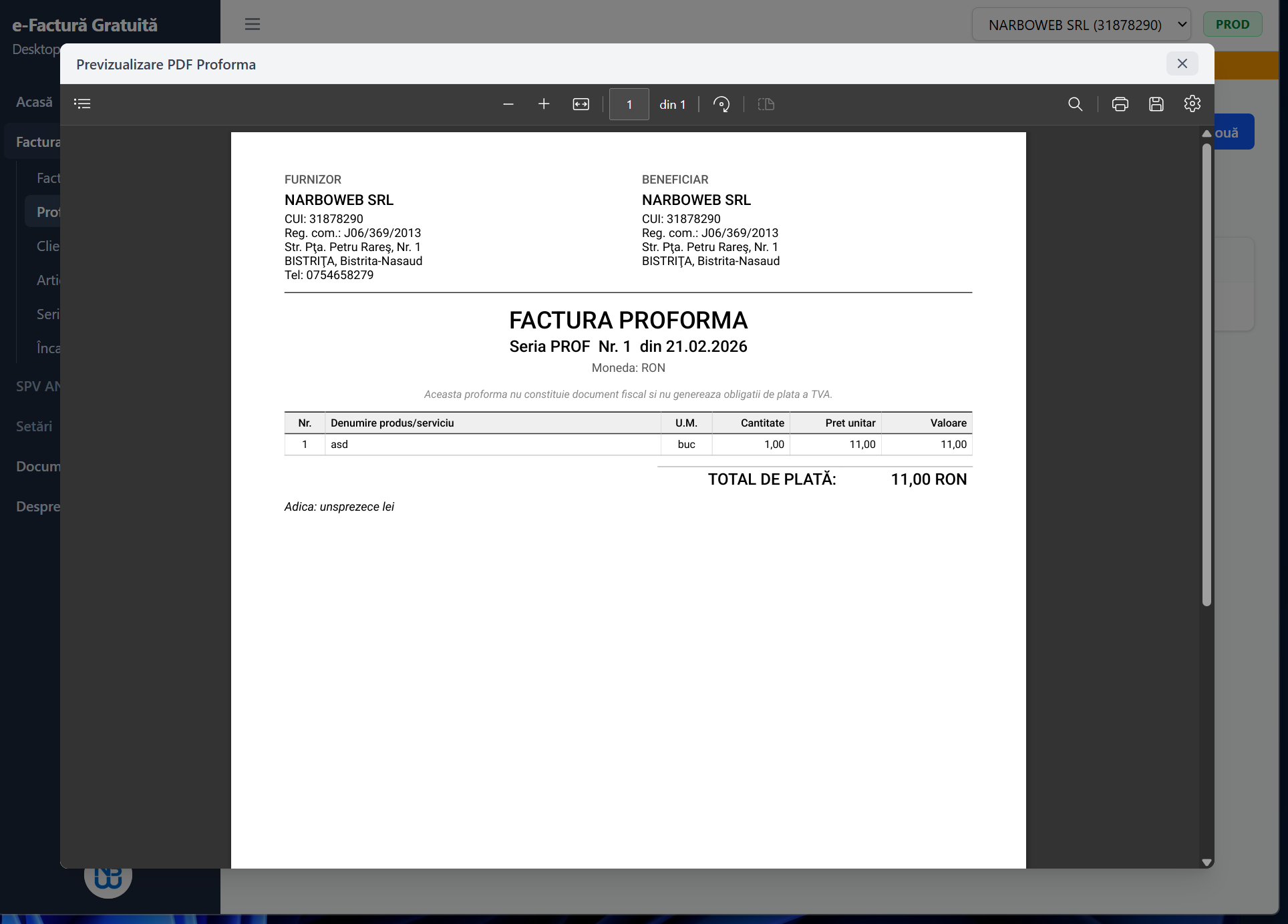 PDF proformă generat